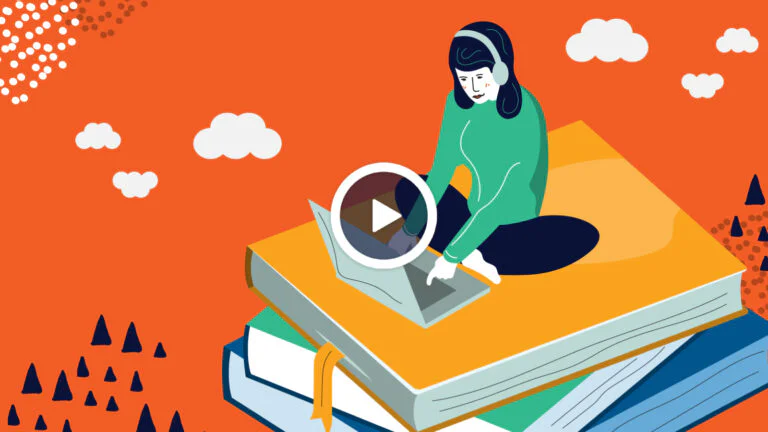 Illustration: Woman atop a stack of books on her laptop practicing the 50/10 rule of studying