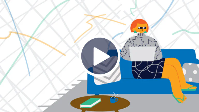 Illustration: Woman sitting on a couch with a laptop and books on a coffee table