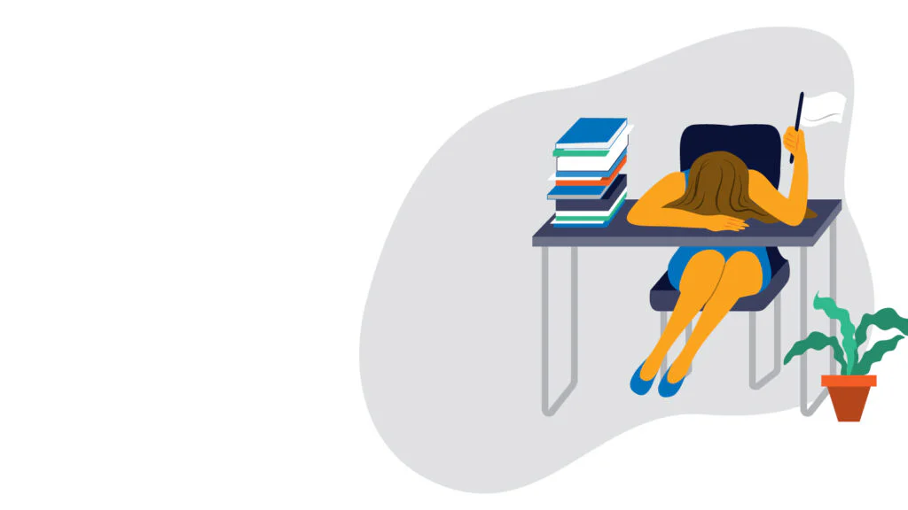 Struggling med student waving a white flag while hunched over a desk piled high with books.