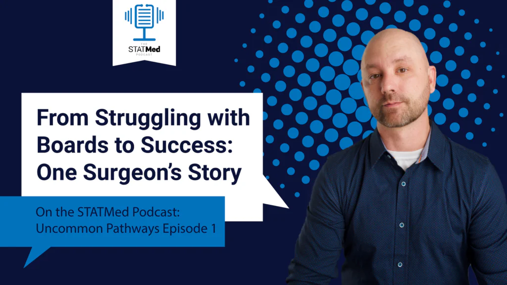 Image of Ryan Orwig against blue background with the words From Struggling with Boards to Success: One Surgeon's Story