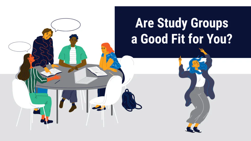 Image: four students around a table at a study group while one student is dancing in the foreground.