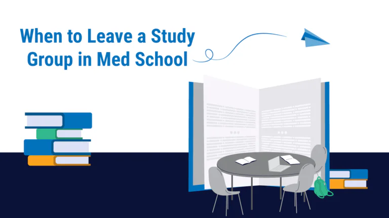 Abandoned table with books and papers scattered around it and the text: When to Leave a Study Group in Med School