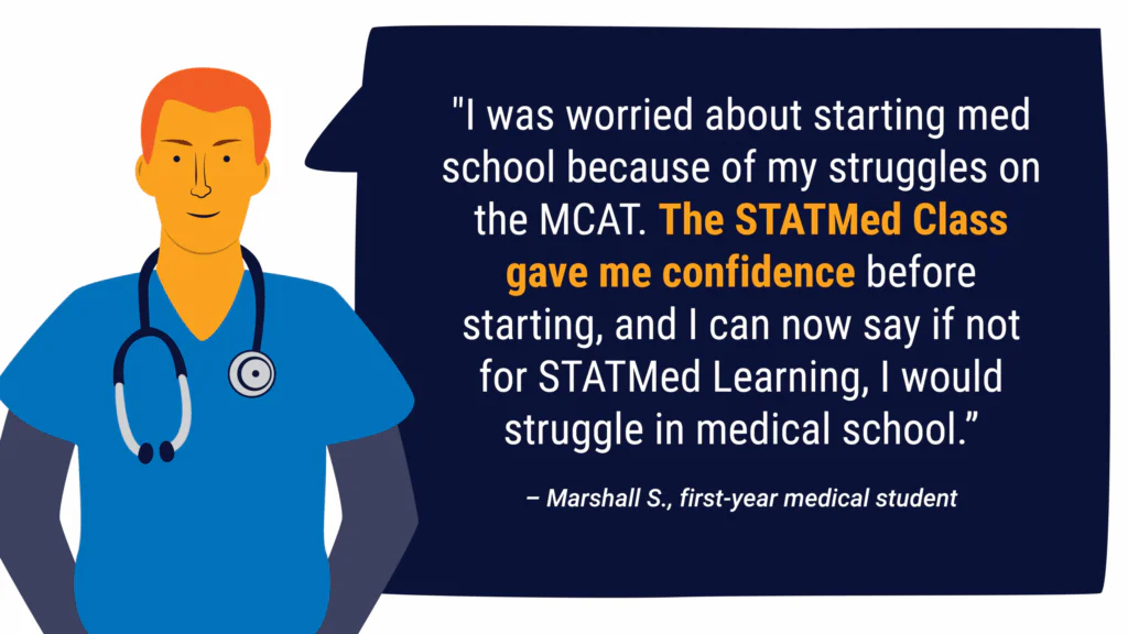 Medical student in blue scrubs with a stethoscope.