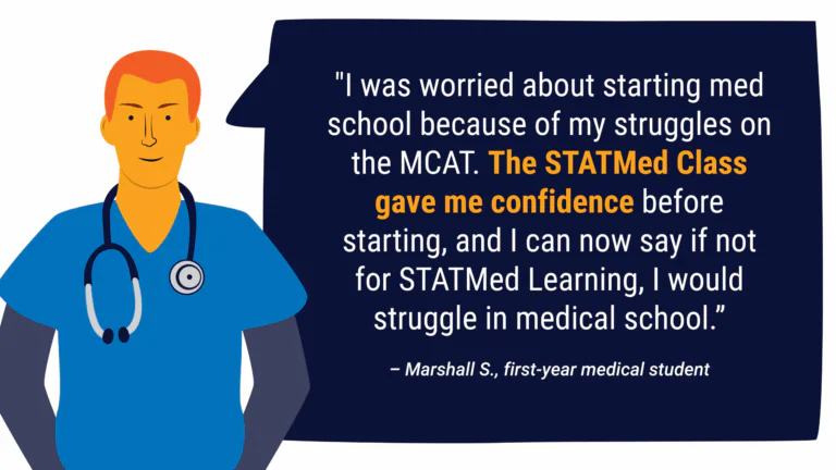 Medical student in blue scrubs with a stethoscope.