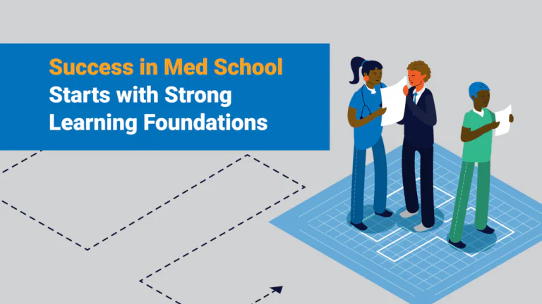 Medical students standing on a blueprint