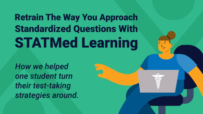 Female medical student with the words "Retrain the way you approach standardized questions with STATMed Learning"