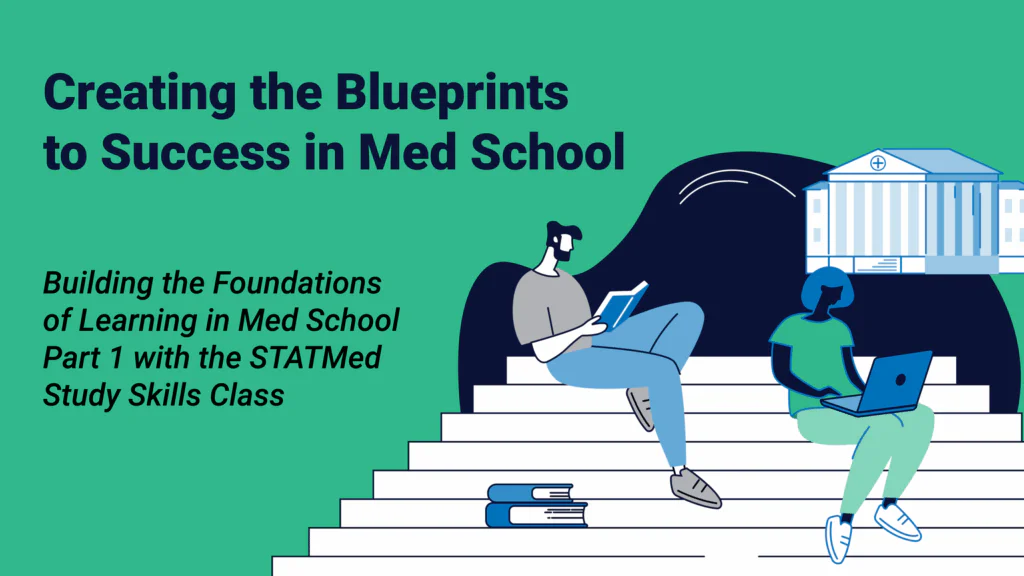 Two medical students sitting on steps by a medical school and studying.