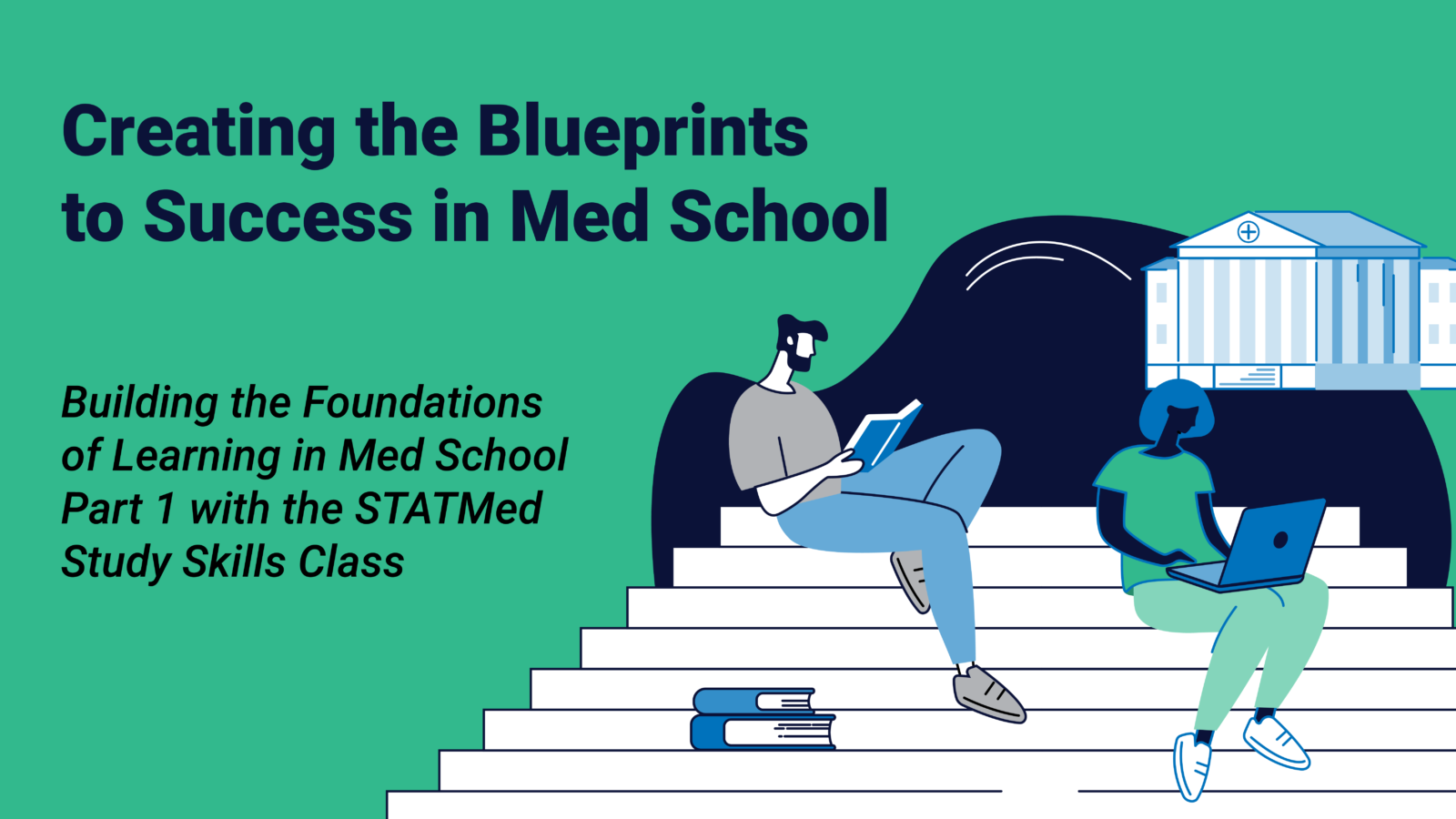 Two medical students sitting on steps by a medical school and studying.